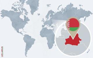 carte bleue abstraite du monde avec la biélorussie agrandie. vecteur