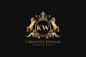 crête dorée rétro initiale kw avec cercle et deux chevaux, modèle de badge avec volutes et couronne royale - parfait pour les projets de marque de luxe vecteur