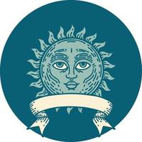icône de style tatouage avec bannière d'un soleil avec visage vecteur