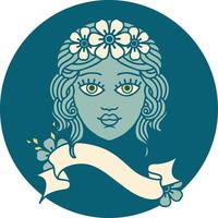 icône de style tatouage avec bannière de visage féminin avec couronne de fleurs vecteur