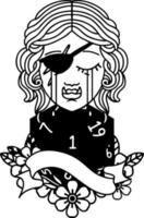 tatouage noir et blanc style dessin au trait pleurer orc visage de personnage voyou avec un rouleau de dés naturel d20 vecteur