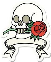 autocollant de style tatouage avec bannière d'un crâne et d'une rose vecteur