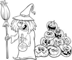 sorcière de dessin animé et tas de citrouilles d'halloween coloriage vecteur