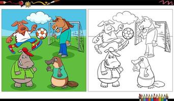 groupe d'animaux de dessin animé jouant au football coloriage vecteur