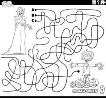 puzzle de labyrinthe avec vampire de dessin animé sur la page de coloriage d'halloween vecteur