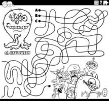labyrinthe avec des monstres de dessin animé sur la page de coloriage d'halloween vecteur