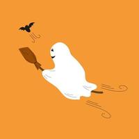 un joyeux fantôme de dessin animé volant sur un balai derrière une chauve-souris sur fond orange pour halloween. illustration vectorielle plane. vecteur