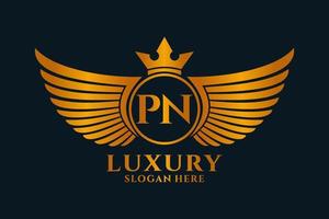lettre d'aile royale de luxe pn crête logo couleur or vecteur, logo de victoire, logo de crête, logo d'aile, modèle de logo vectoriel. vecteur