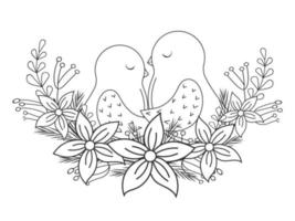 illustration de noël dessinée à la main avec des oiseaux et une branche de poinsettia et de feuilles. illustration vectorielle. livre de coloriage pour enfants. isolé sur blanc. vecteur