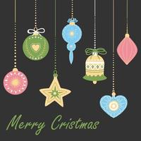 carte de Noël avec des ornements de Noël sur fond noir. illustration vectorielle avec des décorations de Noël. carte postale pour la fête de l'hiver. vecteur
