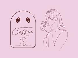 journée internationale du café bordée de café femme buvant dessin vecteur