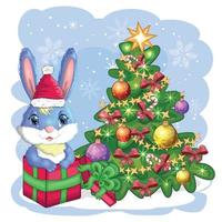 lapin de dessin animé mignon dans le chapeau du père noël près de l'arbre de noël décoré. hiver 2023, noël et nouvel an vecteur