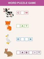 Complétez le jeu éducatif pour enfants de mots. apprendre le thème et le vocabulaire des animaux de la ferme vecteur