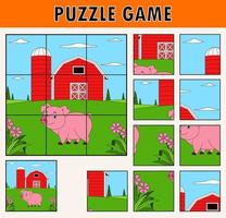 illustration de dessin animé de puzzle éducatif pour les enfants avec un animal de ferme cochon mignon vecteur