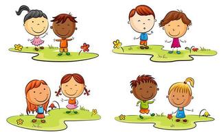 dessin animé enfant heureux jouant sur la pelouse verte vecteur