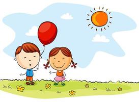dessin animé d'enfants heureux avec des ballons un jour d'été vecteur