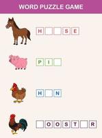 Complétez le jeu éducatif pour enfants de mots. apprendre le thème et le vocabulaire des animaux de la ferme vecteur