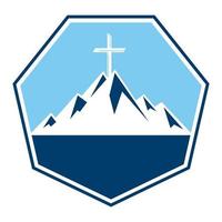 croix baptiste dans la conception du logo de montagne. traverser au sommet de la montagne. logo de l'église et de l'organisation chrétienne. vecteur