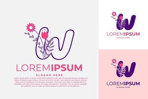 lettre w logo design modèle vectoriel illustration avec des fleurs