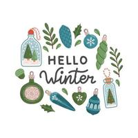 bonjour phrase d'hiver avec illustration vectorielle isolée de lettrage de couronne vecteur