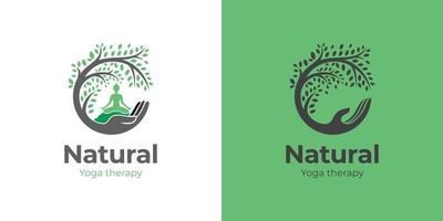 création de logo homme méditation yoga vie avec illustration vectorielle arbre soins des mains. pour centre de bien-être, santé nature vecteur