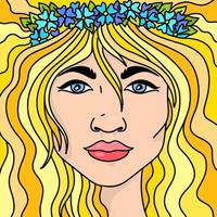 portrait de jeune fille blonde avec des fleurs bleues dans les cheveux vecteur