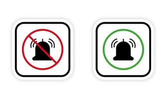 notez le signe rond rouge interdit de la zone silencieuse. ensemble d'icônes de silhouette noire de cloche de sonnerie. notification d'attention hors mode muet. sonner le téléphone volume fort zone autorisée symbole vert. illustration vectorielle isolée. vecteur