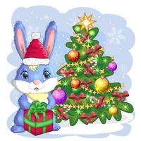 lapin de dessin animé mignon dans le chapeau du père noël près de l'arbre de noël décoré. hiver 2023, noël et nouvel an vecteur