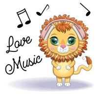 lion de dessin animé mignon avec des écouteurs, écoute de la musique, note, clé de sol vecteur