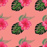 modèle sans couture avec des feuilles tropicales, des fleurs d'hibiscus vecteur