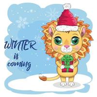 joyeux Noel et bonne année. lion drôle au chapeau rouge avec cadeau en style cartoon. carte de voeux. vecteur