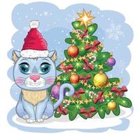 chat de dessin animé mignon dans le chapeau du père noël près de l'arbre de noël décoré. hiver 2023, noël et nouveau chinois vecteur