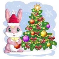 lapin de dessin animé mignon dans le chapeau du père noël près de l'arbre de noël décoré. hiver 2023, noël et nouvel an vecteur