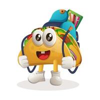 adorable mascotte de taco portant un cartable, un sac à dos, la rentrée scolaire vecteur