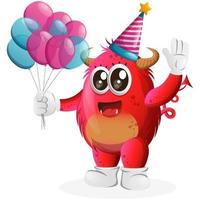 vecteur mignon monstre rouge portant un chapeau d'anniversaire, tenant des ballons