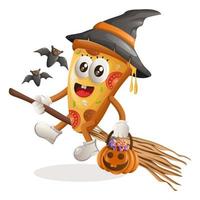 mascotte de pizza mignonne sorcière tenant une citrouille d'halloween vecteur