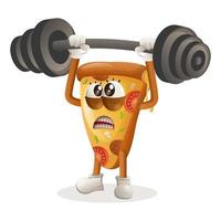 adorable mascotte de pizza en musculation avec des haltères vecteur