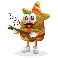 joli burger portant un chapeau mexicain et jouant de la guitare vecteur