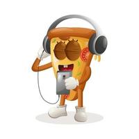 jolie mascotte de pizza écoutant de la musique sur un smartphone à l'aide d'un casque vecteur