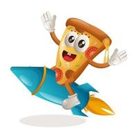 jolie mascotte de pizza volant sur une fusée vecteur