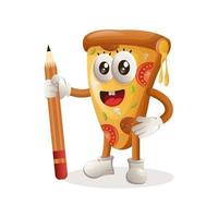jolie mascotte de pizza tenant un crayon vecteur