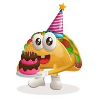 adorable mascotte de taco portant un chapeau d'anniversaire, tenant un gâteau d'anniversaire vecteur