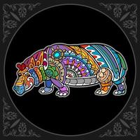 arts du mandala d'hippopotame colorés isolés sur fond noir vecteur