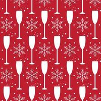 modèle sans couture de noël et du nouvel an avec des verres de champagne et des flocons de neige sur fond rouge. vecteur