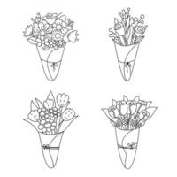 bouquet de fleurs. illustration d'art de ligne vectorielle de croquis de fleurs. conception d'impression, carte postale, invitation, mariage, fleuriste. abstrait, tendance, minimal, tendre. carte de voeux pour la journée de la femme vecteur