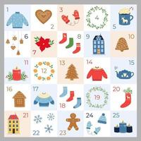 calendrier de l'avent avec 25 jours illustrés. éléments décoratifs de noël. compte à rebours de noël. vecteur