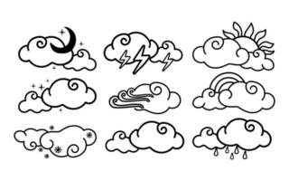 un ensemble de phénomènes météorologiques. nuages avec arc-en-ciel, neige, orage, vent, pluie, soleil, mois, éléments dessinés en style doodle. phénomène naturel. temps clair, couvert, jour, nuit petit nuage bouclé vecteur