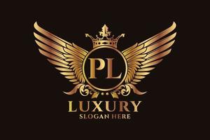 lettre d'aile royale de luxe pl crête vecteur de logo couleur or, logo de victoire, logo de crête, logo d'aile, modèle de logo vectoriel.