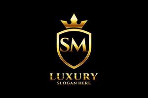 logo monogramme de luxe élégant priinitial sm ou modèle de badge avec volutes et couronne royale - parfait pour les projets de marque de luxe vecteur