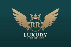 lettre d'aile royale de luxe rr crête logo couleur or vecteur, logo de victoire, logo de crête, logo d'aile, modèle de logo vectoriel. vecteur